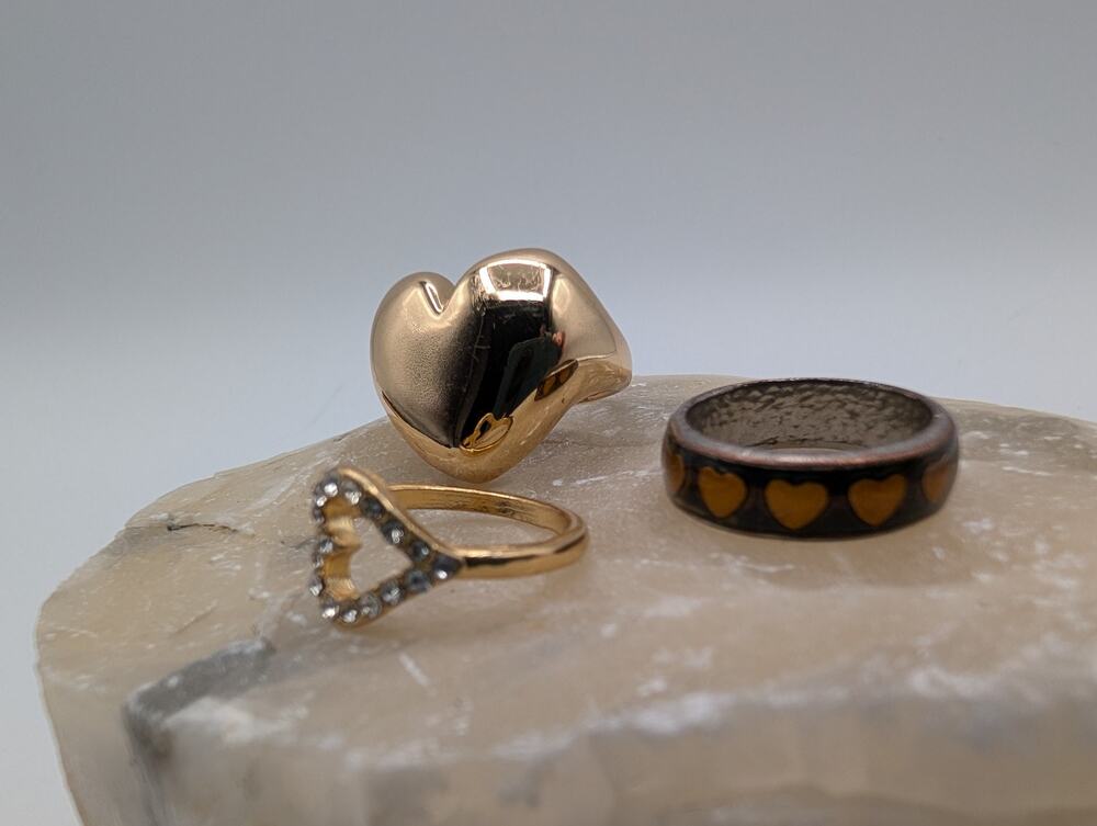 Fashion Heart Rings Lot - Gold Tone Statement, Pave & Mood Style Bands